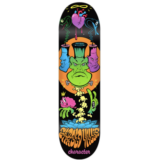 A skateboard deck with a black background and a colorful graphic design featuring a green monster face, a dripping pink heart, blue and purple faces, and the text 'CHARAD KILLZ character' at the bottom.