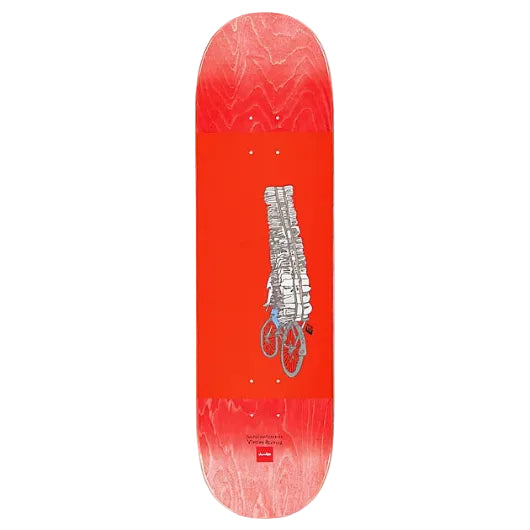 Red skateboard deck with a white graphic of a bicycle and books on a white background
