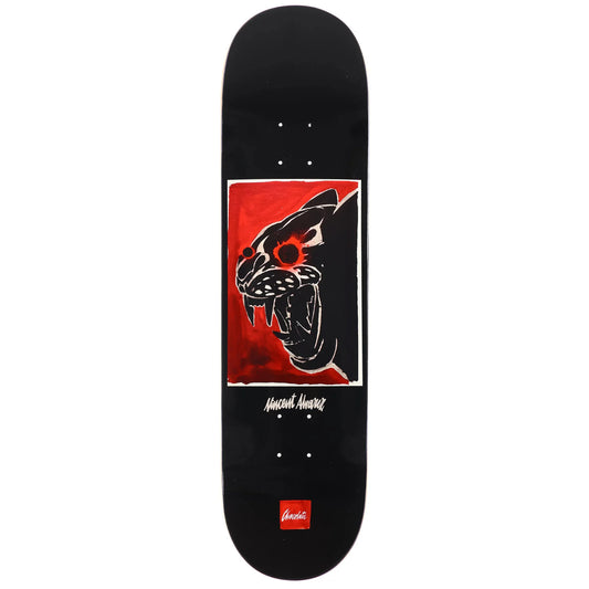 Skateboard deck with a black and red design on a white background