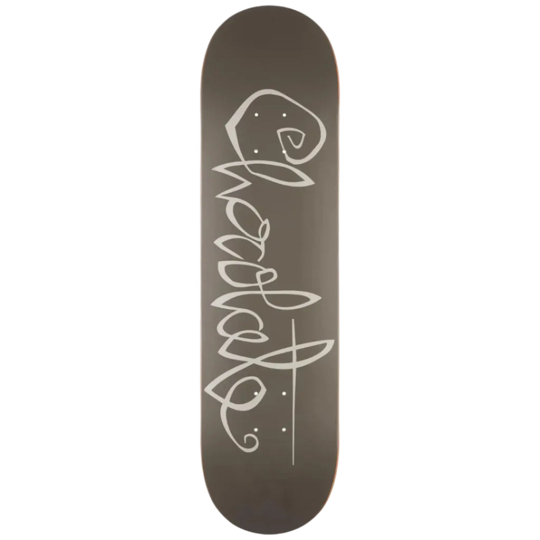 A skateboard deck shown vertically against a plain white background, featuring a dark brown wood-grain finish with a white stylized graphic design printed vertically on the underside.