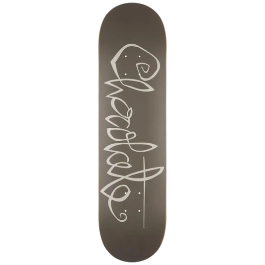 A skateboard deck shown vertically against a plain white background, featuring a dark brown wood-grain finish with a white stylized graphic design printed vertically on the underside.