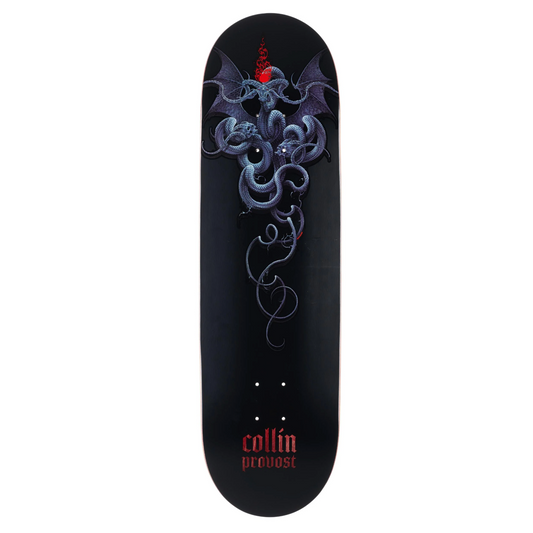 Black skateboard deck with intricate design and 'Collin Prevost' branding on a white background