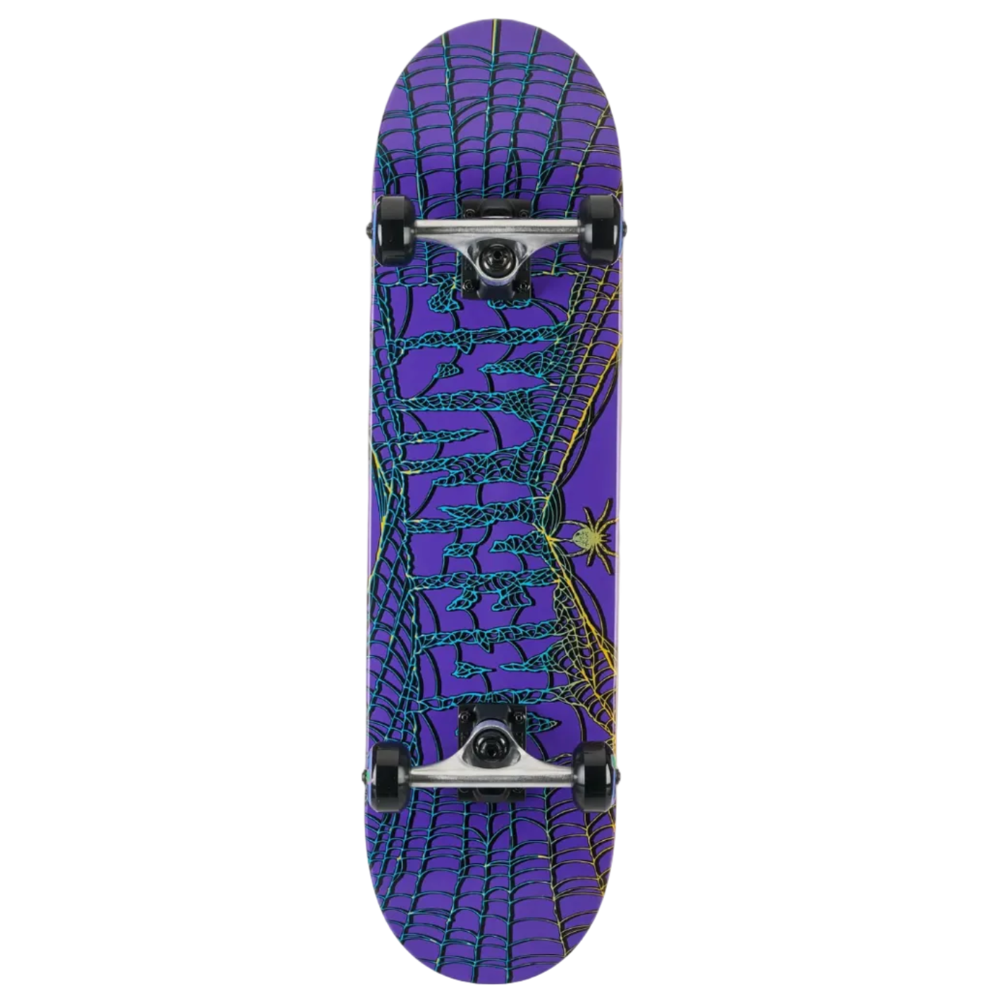 Skateboard with purple and green web design on a white background