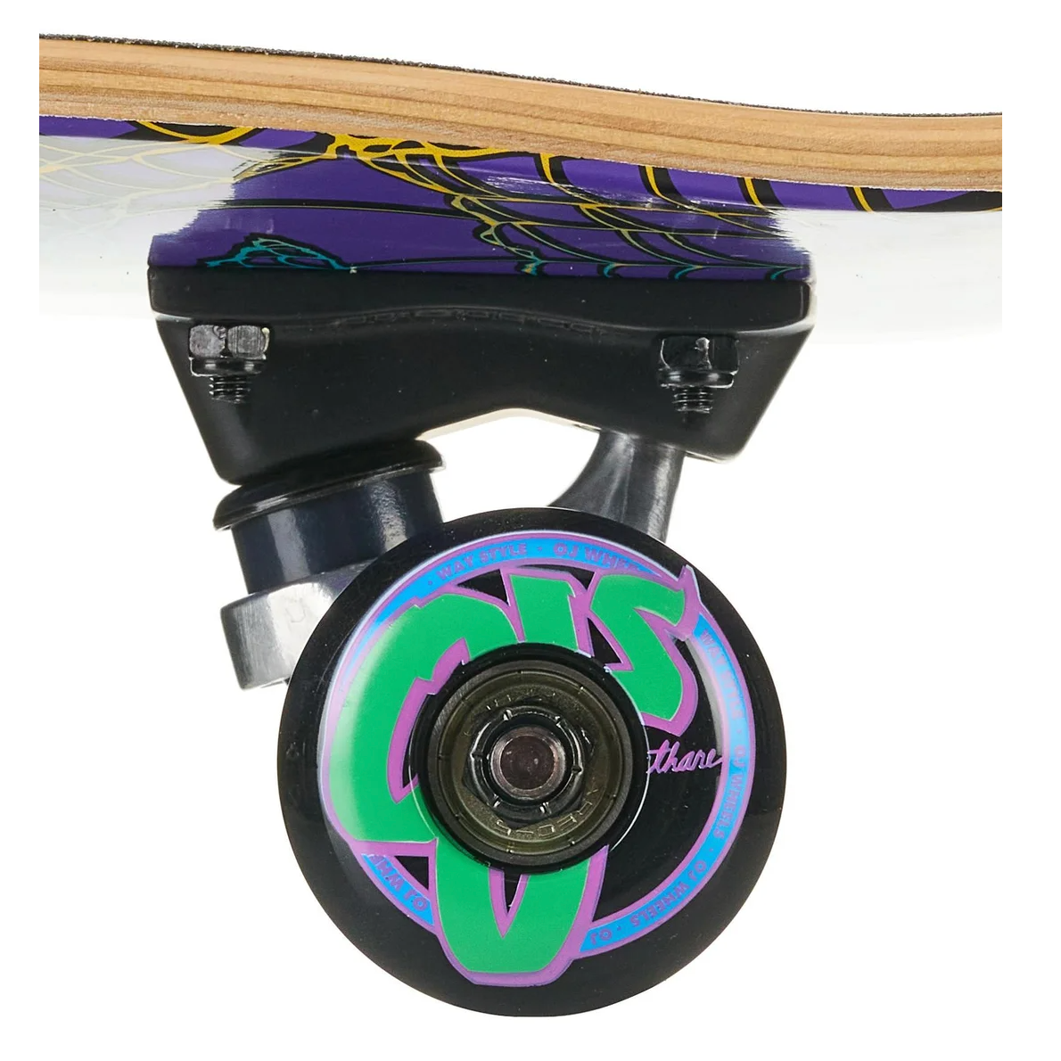 Close-up of a skateboard with purple and green wheel on a white background