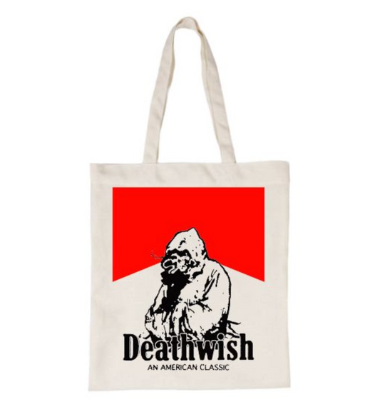 Tote bag with 'Deathwish' graphic design on a white background