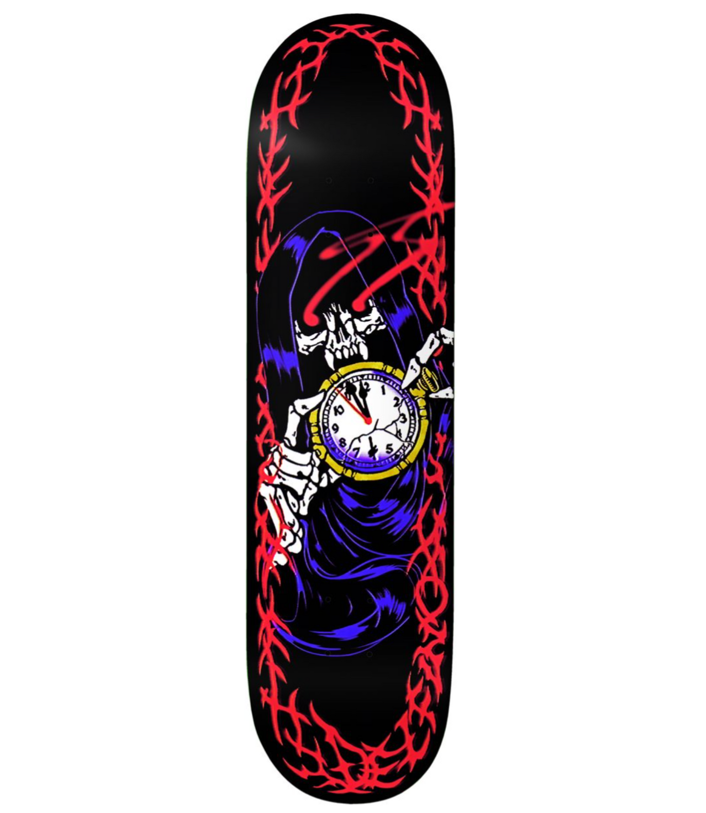 Skateboard deck with a skeleton holding a clock design on a black background