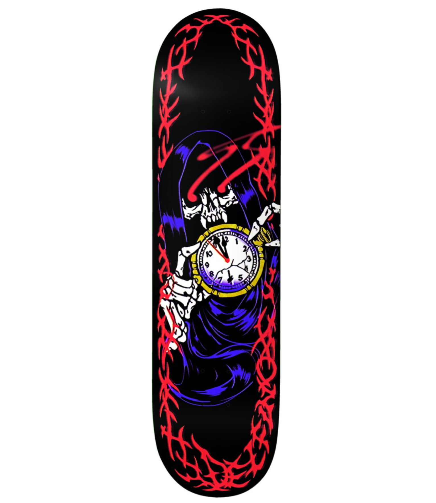 Skateboard deck with a skeleton holding a clock design on a black background