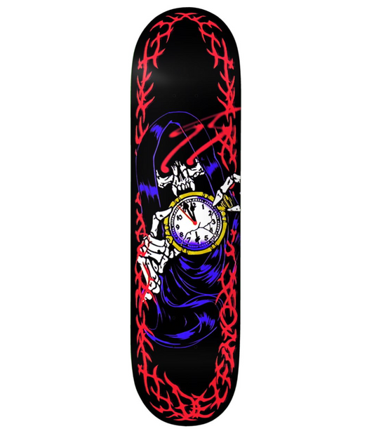 Skateboard deck with a skeleton holding a clock design on a black background