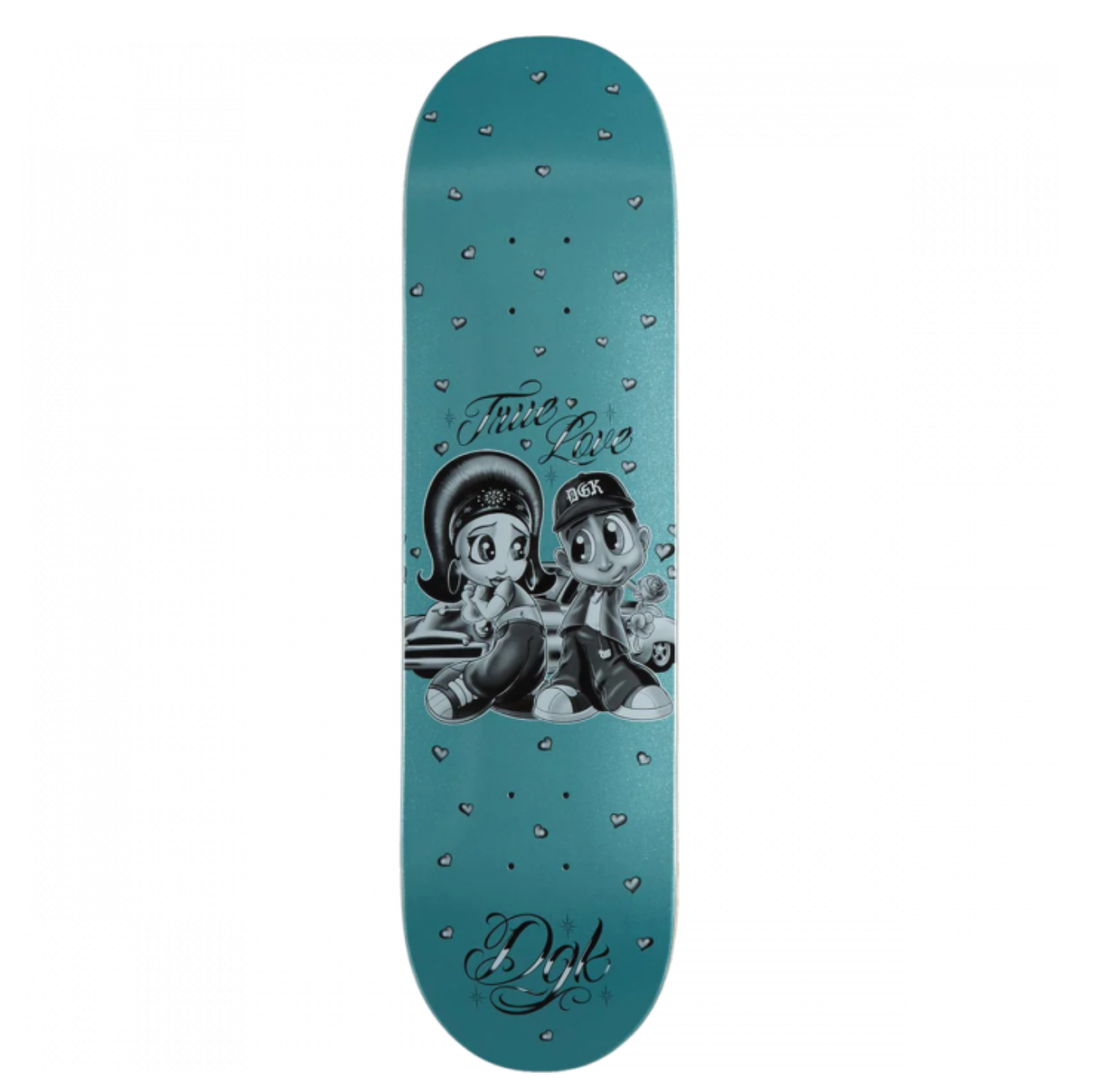 Teal skateboard deck with cartoon characters and text on a white background