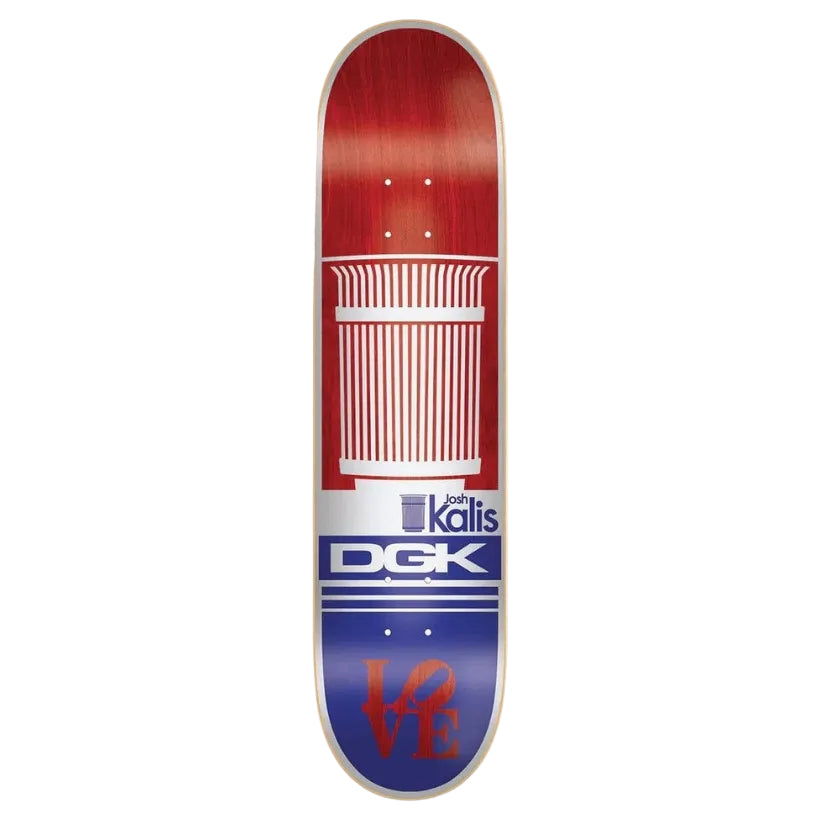 A skateboard deck with a red, white, and blue patriotic design, featuring a striped trash can graphic, the 'DGK' logo, and 'you kalis' text, shown against a light gray background.