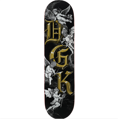 A skateboard deck featuring a black background with a detailed graphic of cherub angels and large metallic gold gothic letters spelling 'DGK'.