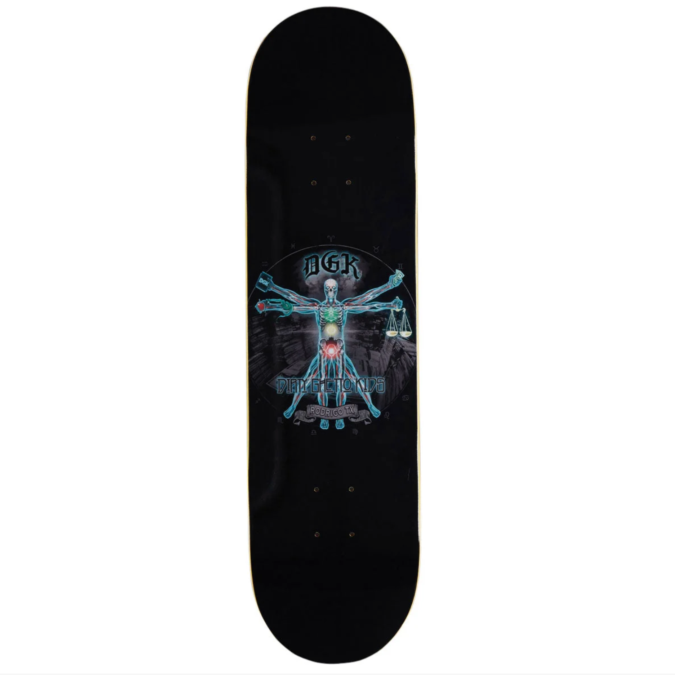 A black skateboard deck featuring a central graphic of a Vitruvian Man figure in glowing blue and green, with the brand name 'IGK' above it, shown against a plain white background.