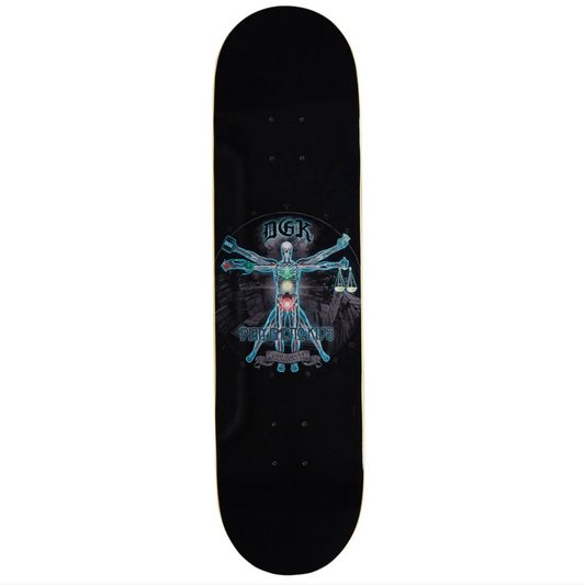 A black skateboard deck featuring a central graphic of a Vitruvian Man figure in glowing blue and green, with the brand name 'IGK' above it, shown against a plain white background.