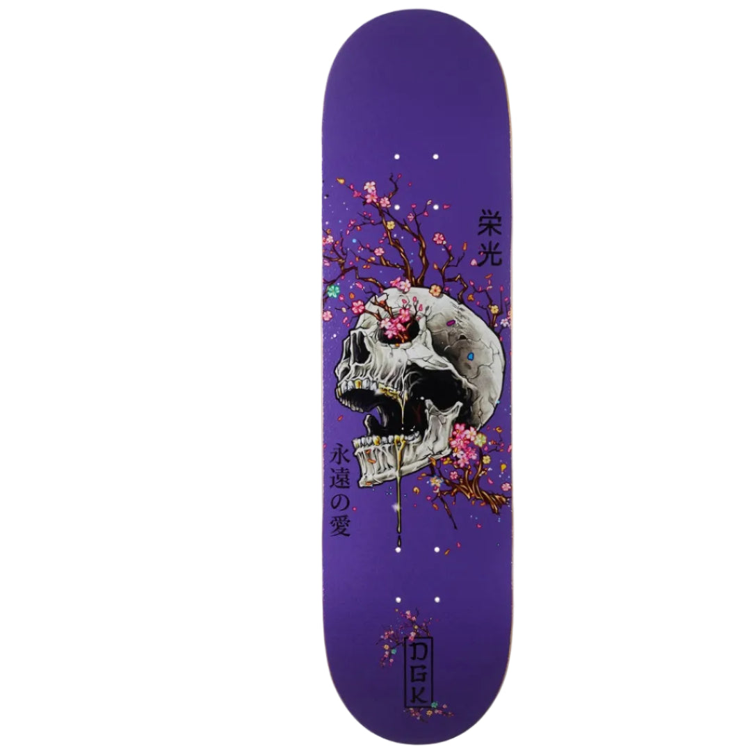 A purple skateboard deck featuring a detailed graphic of a white skull with pink cherry blossoms and Japanese characters.