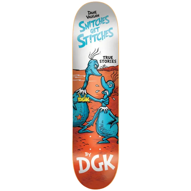 Skateboard deck with a blue creature design and text on a white background