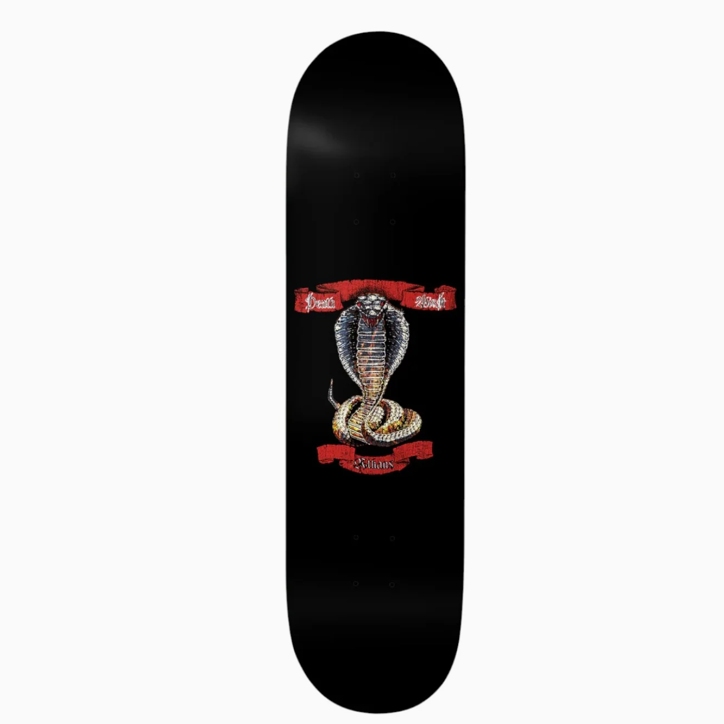 Black skateboard deck with a cobra design in the center on a white background