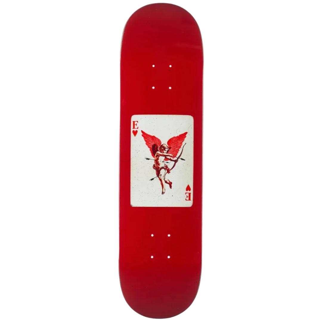 Red skateboard deck with a card design featuring an angel and devil on a white background