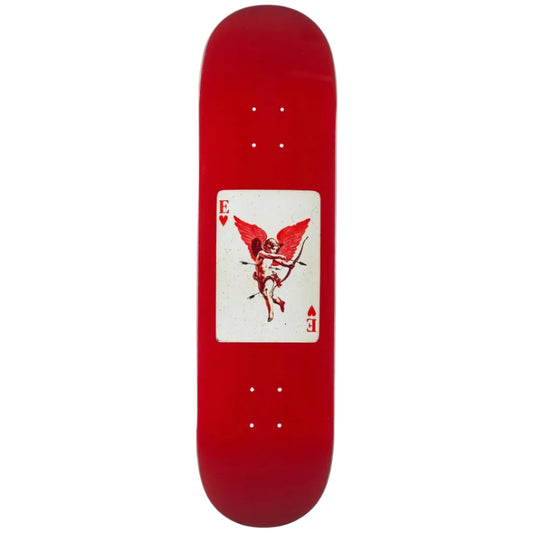 Red skateboard deck with a card design featuring an angel and devil on a white background
