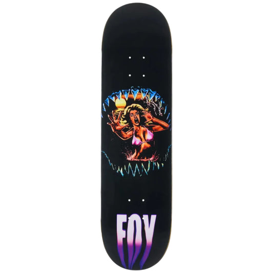 Skateboard deck with a colorful design of a woman and the brand 'FOY' on a black background