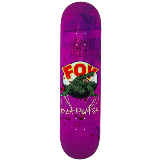 Skateboard deck with a purple background and graphic design featuring a crocodile and 'FOX' logo.