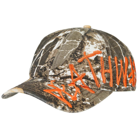 Camouflage cap with orange text on a white background