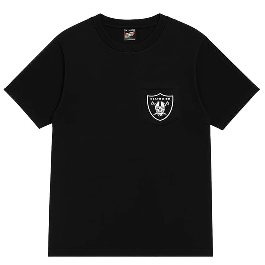 Black t-shirt with a white logo on a white background