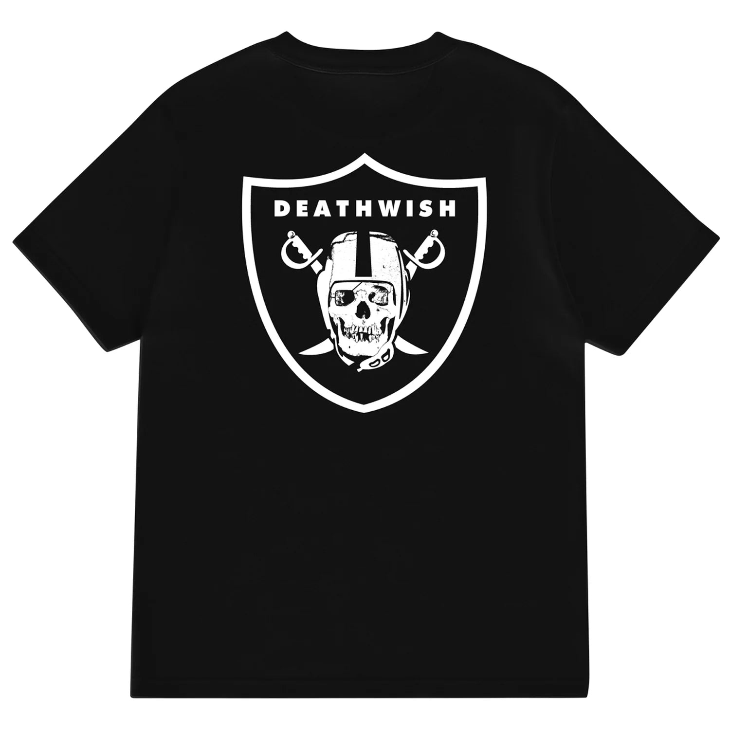 Black t-shirt with 'Deathwish' logo featuring a skull and crossed swords on a white background