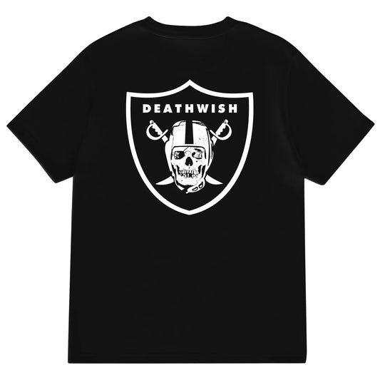 Black t-shirt with 'Deathwish' logo featuring a skull and crossed swords on a white background