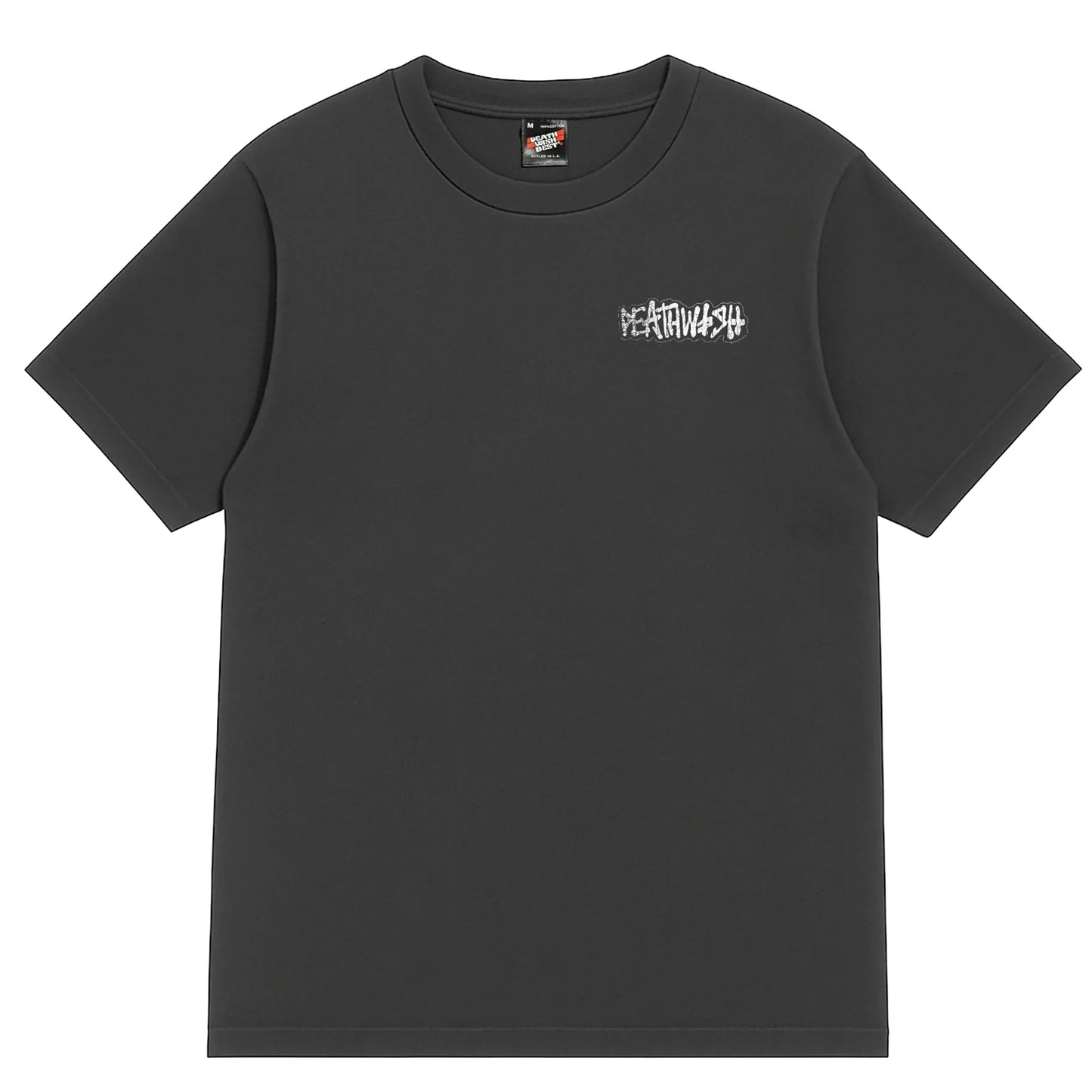 Black t-shirt with a logo on the chest against a white background