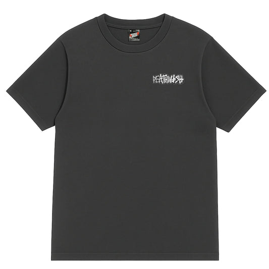 Black t-shirt with a logo on the chest against a white background