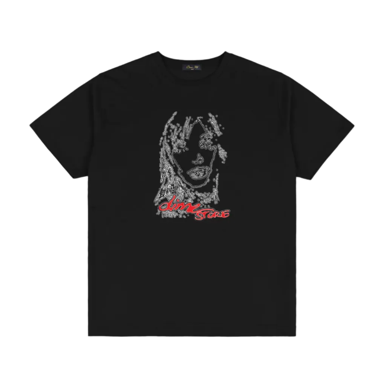 Black t-shirt with graphic design and text on a white background