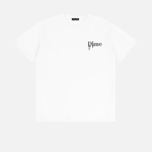 White t-shirt with 'Dime' logo on a white background