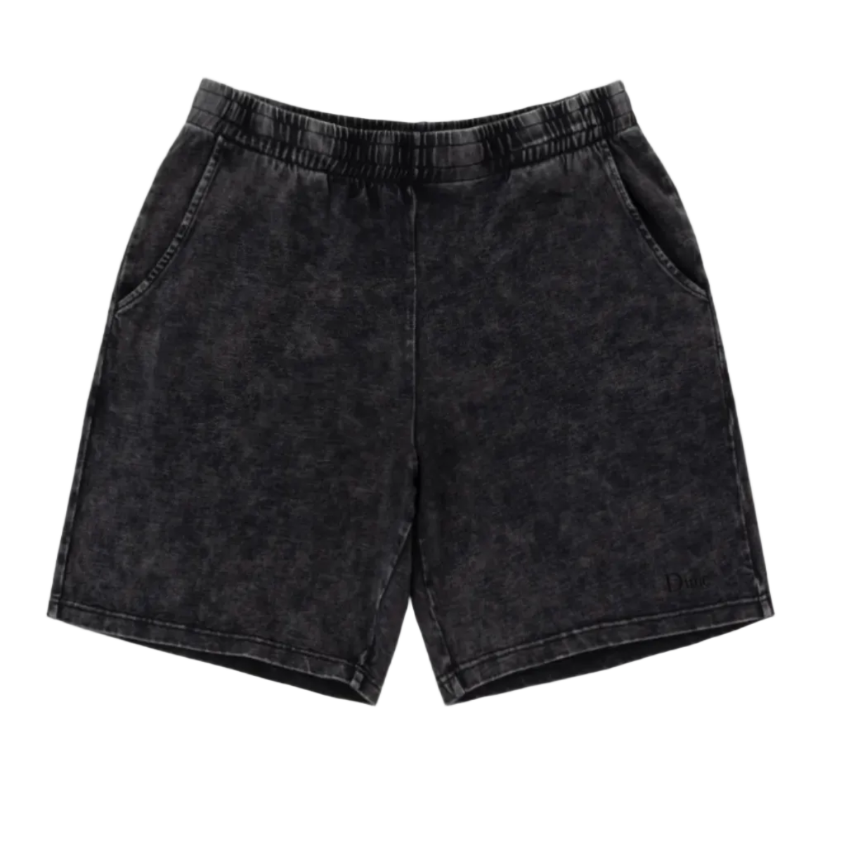 Black denim shorts on a white background
