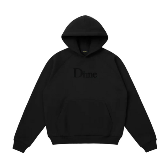 Black hoodie with 'Dime' logo on a white background