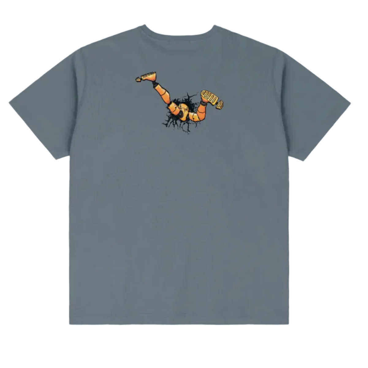 Gray t-shirt with a graphic design on the back against a white background
