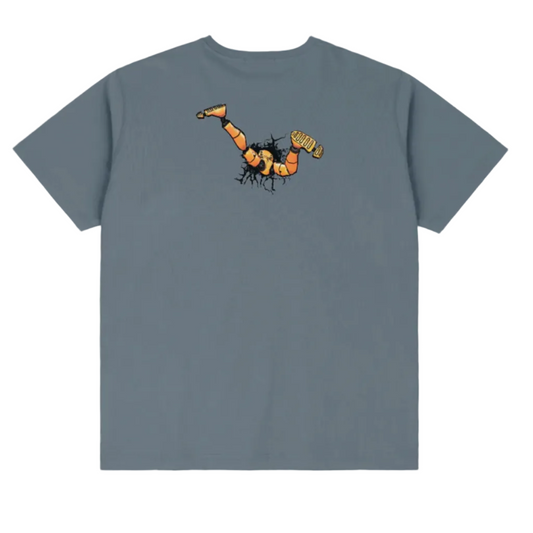 Gray t-shirt with a graphic design on the back against a white background