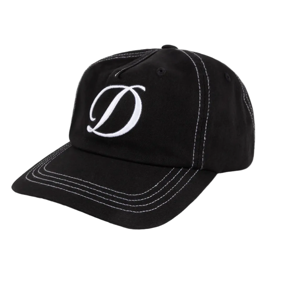 Black cap with a white logo on a light gray background