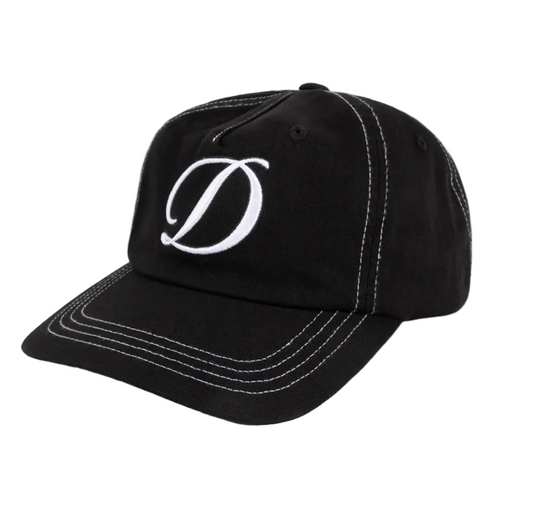 Black cap with a white logo on a light gray background