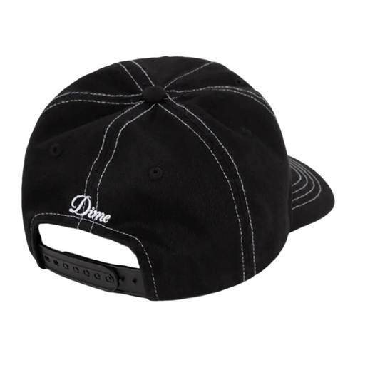 Black cap with white stitching on a light gray background