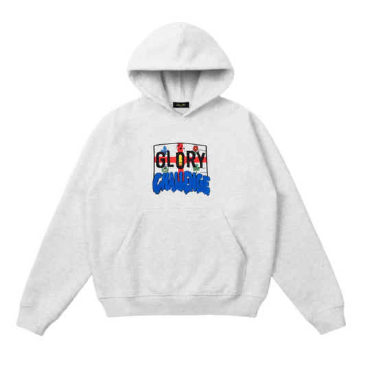White hoodie with colorful 'GLORY' text design on a white background