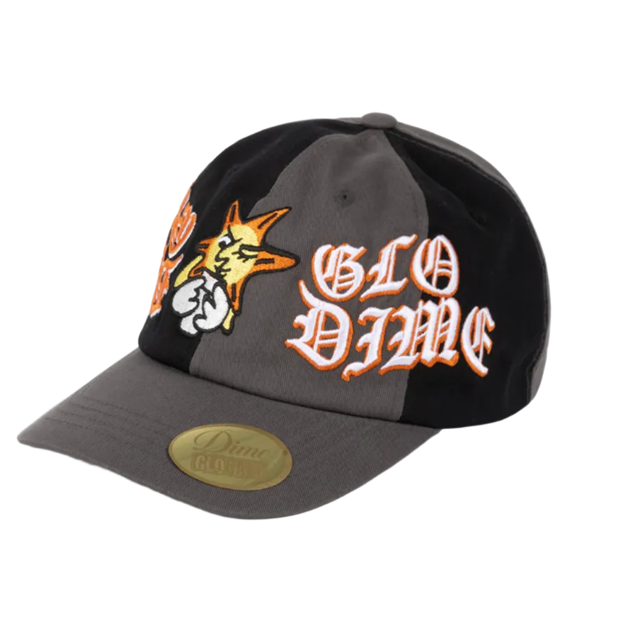 Gray and black cap with embroidered designs and 'Glo Dime' branding on a white background