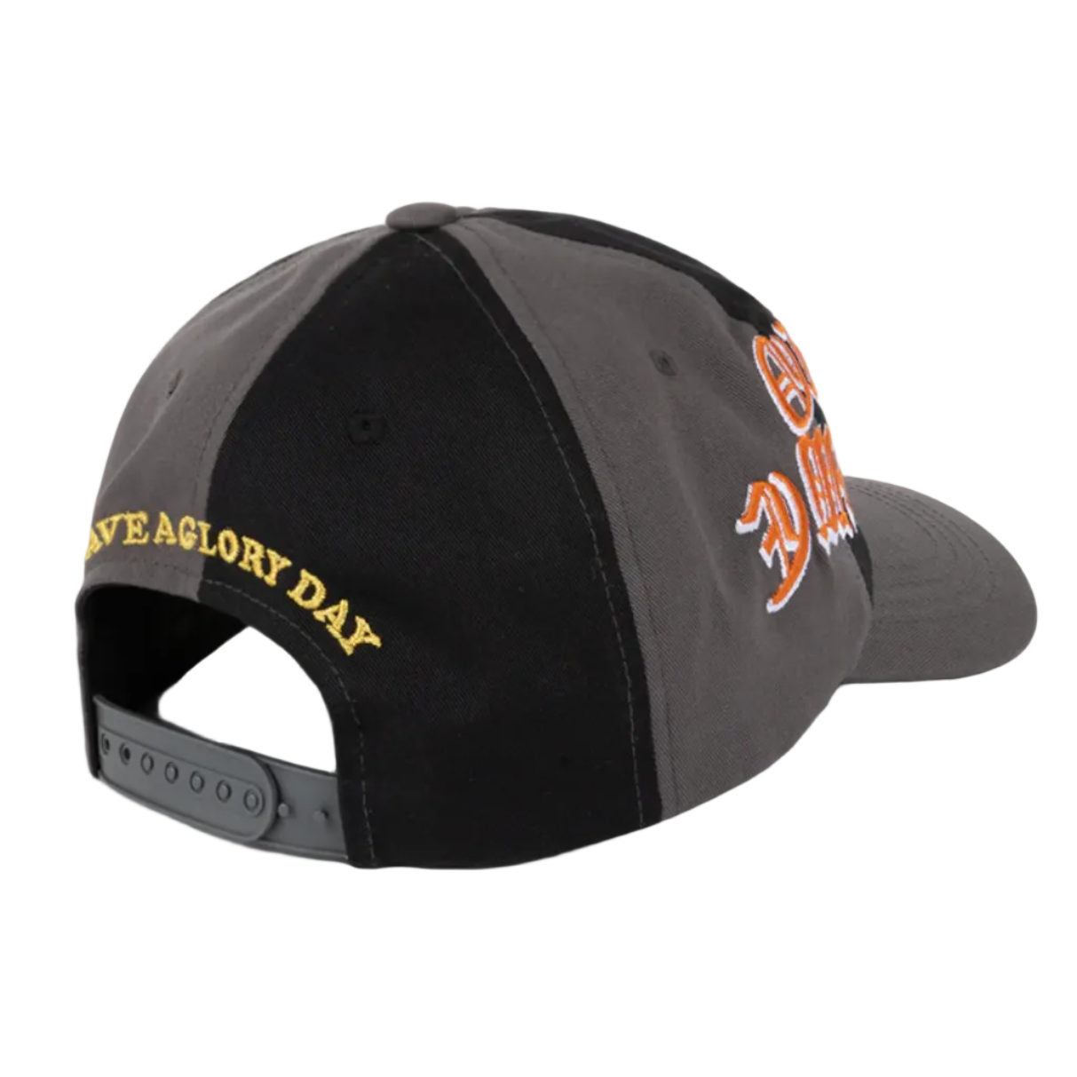 Black and gray cap with text and logo on a white background