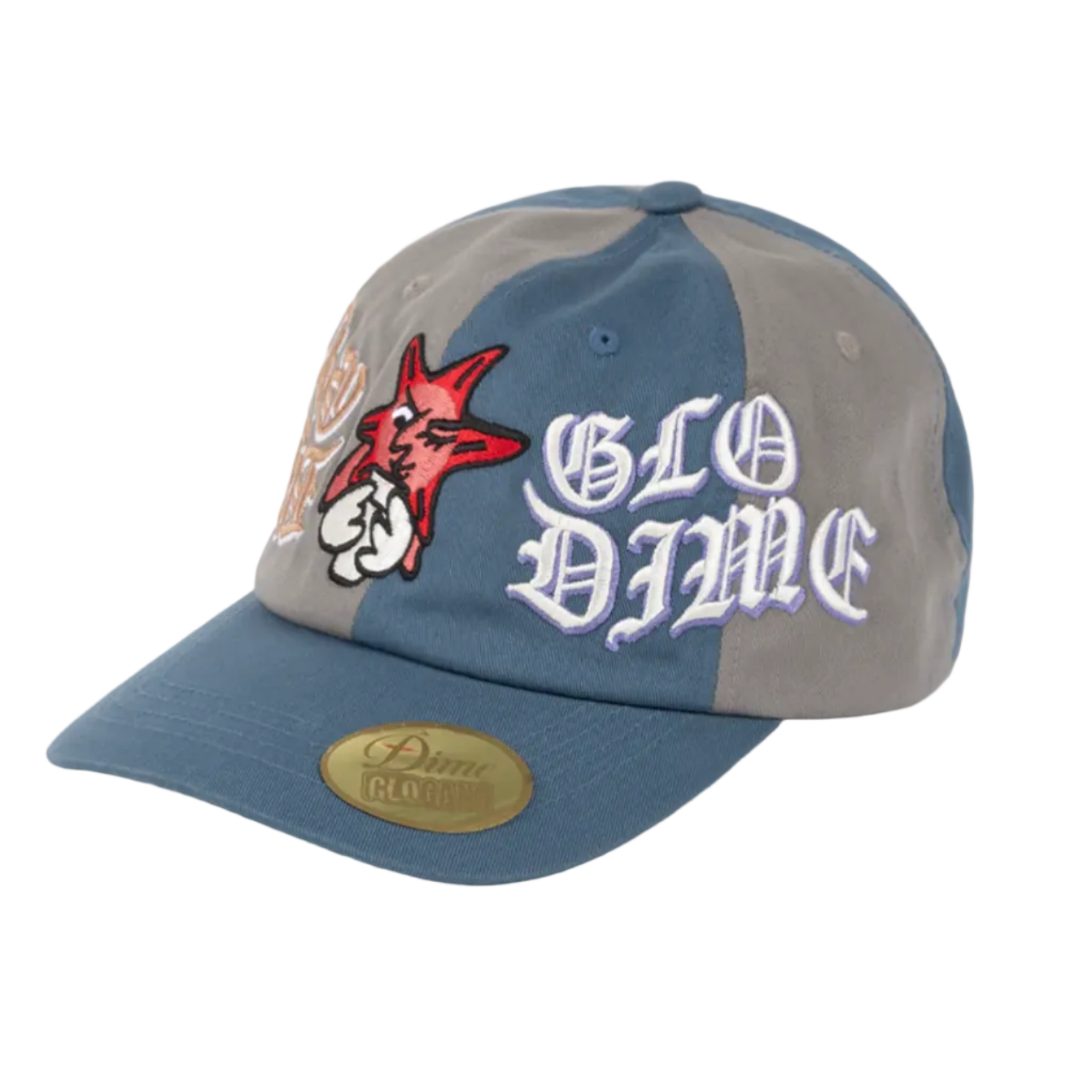 Gray and blue cap with 'Glo Dime' branding on a white background