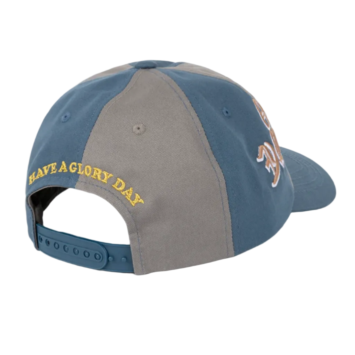 Blue and gray cap with text on a white background