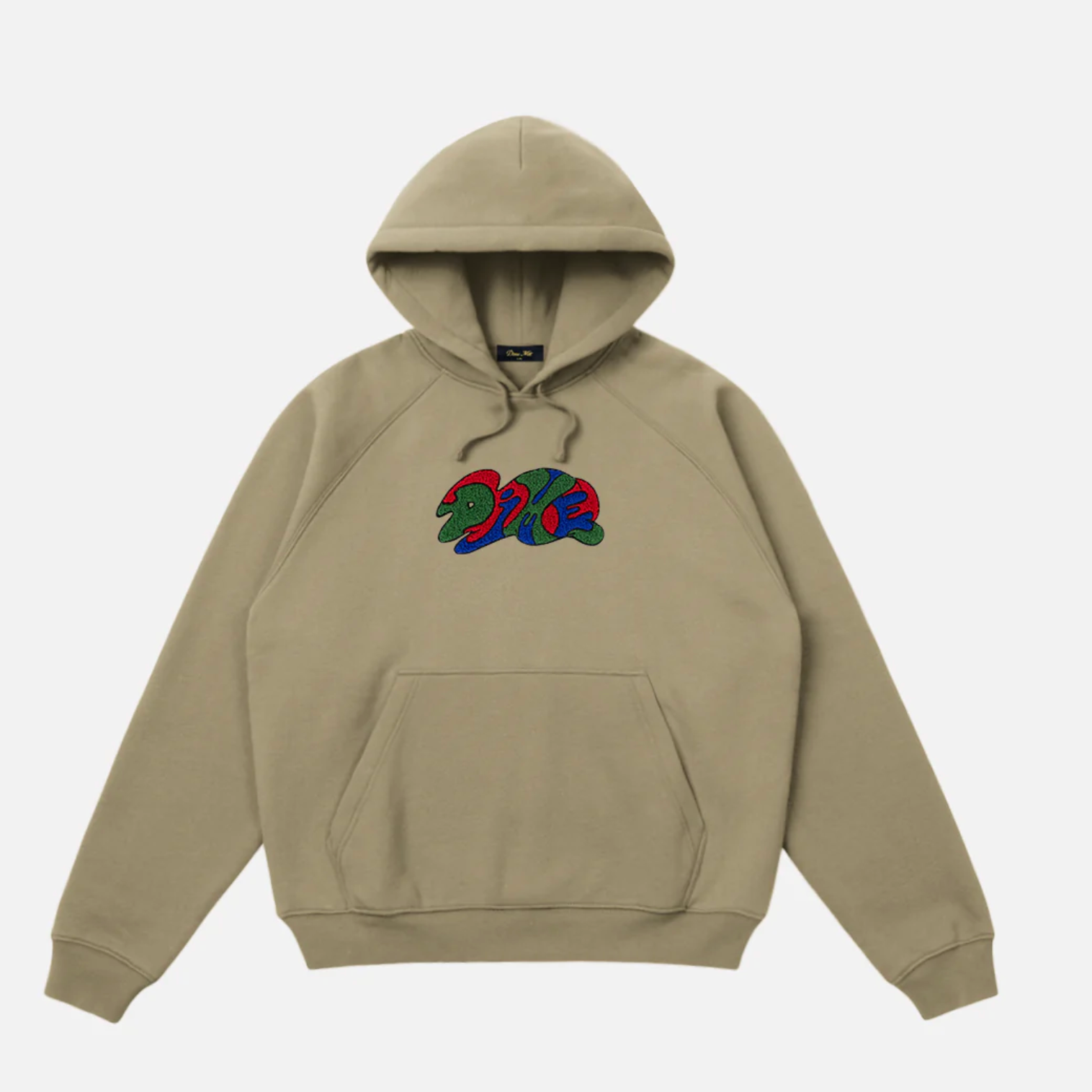 Beige hoodie with colorful logo on a white background