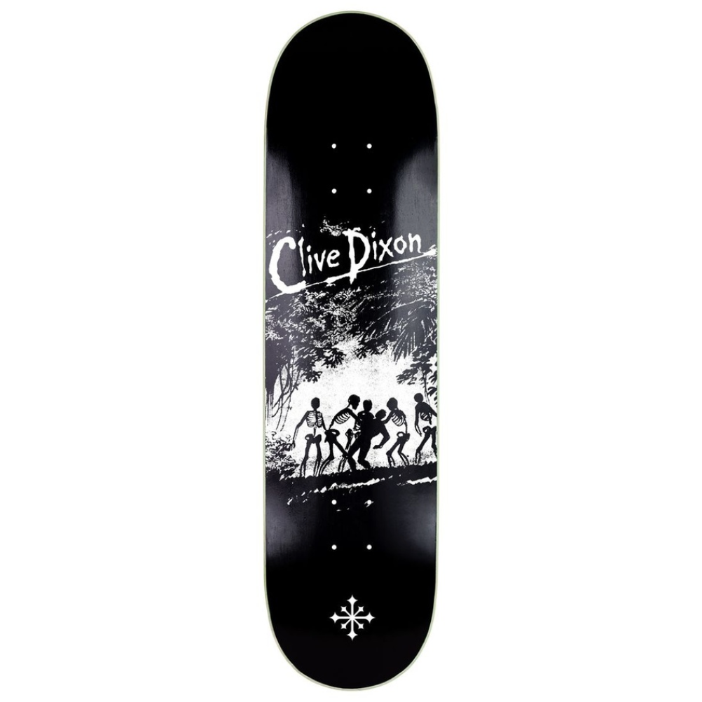 Black skateboard deck with white graphic and 'Clive Dixon' branding on a white background