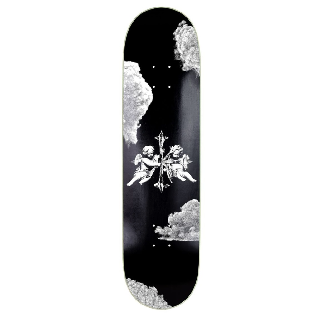 Skateboard deck with angel design on a black background