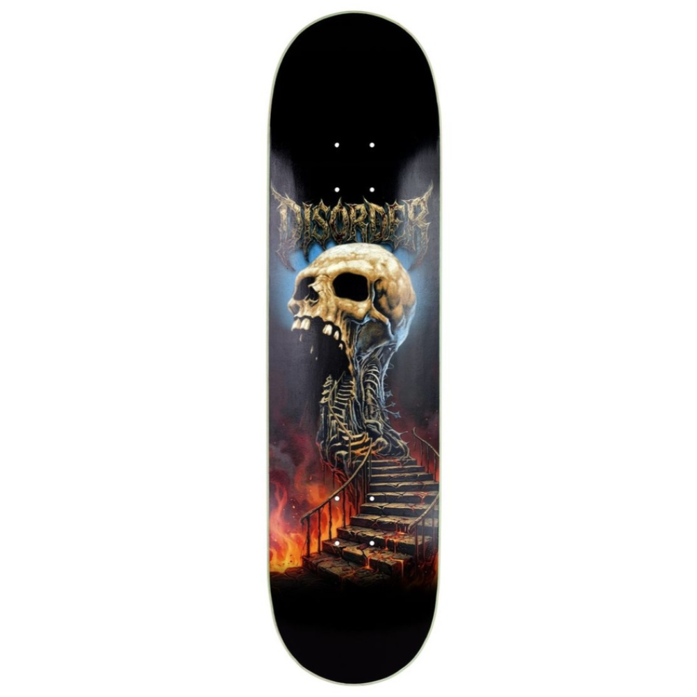 Skateboard deck with a skull and staircase design on a black background