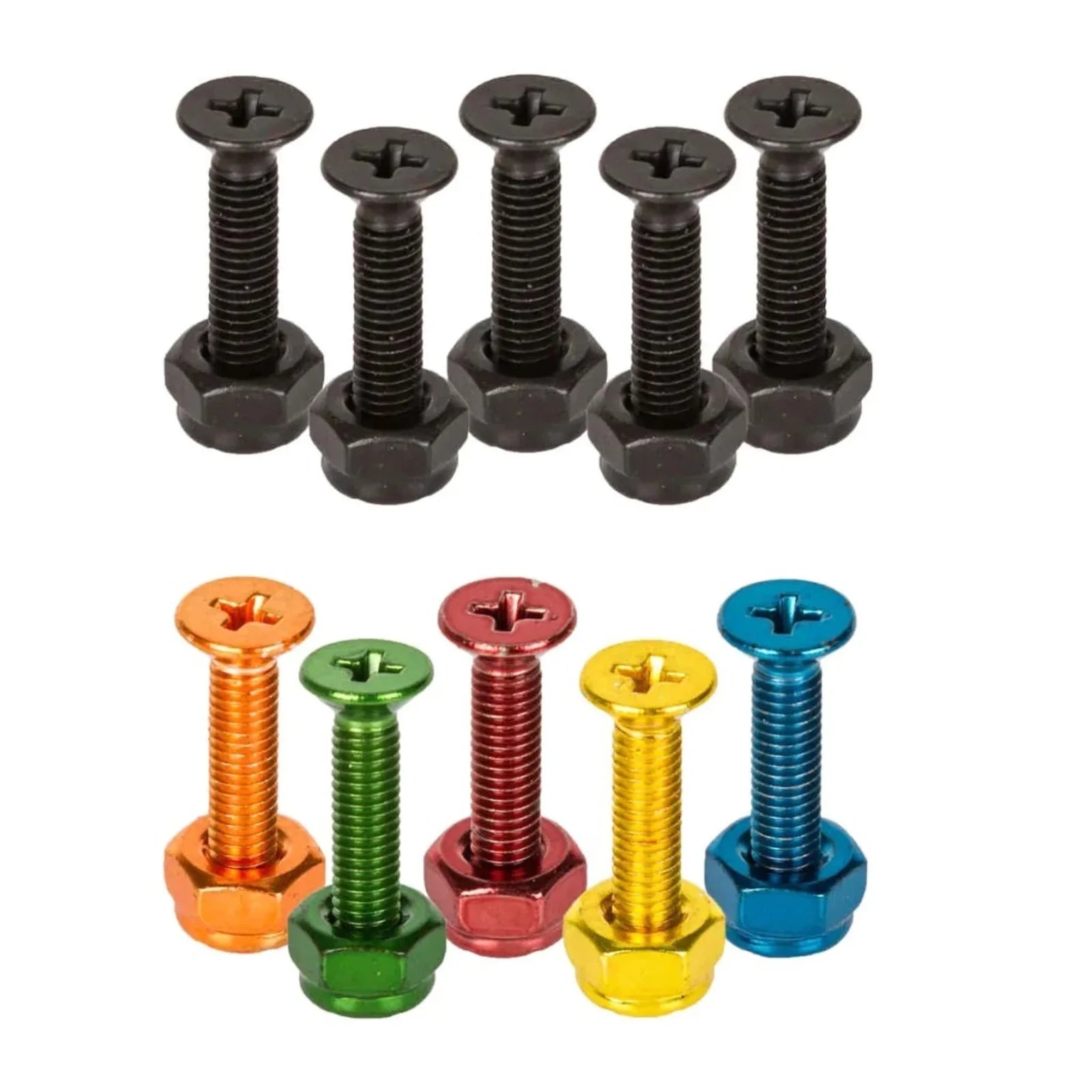 Set of black screws and colorful hex bolts on a white background