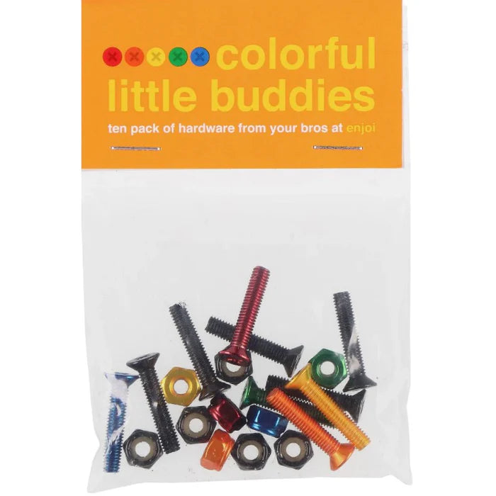 Packaged hardware with colorful bolts and nuts on a white background